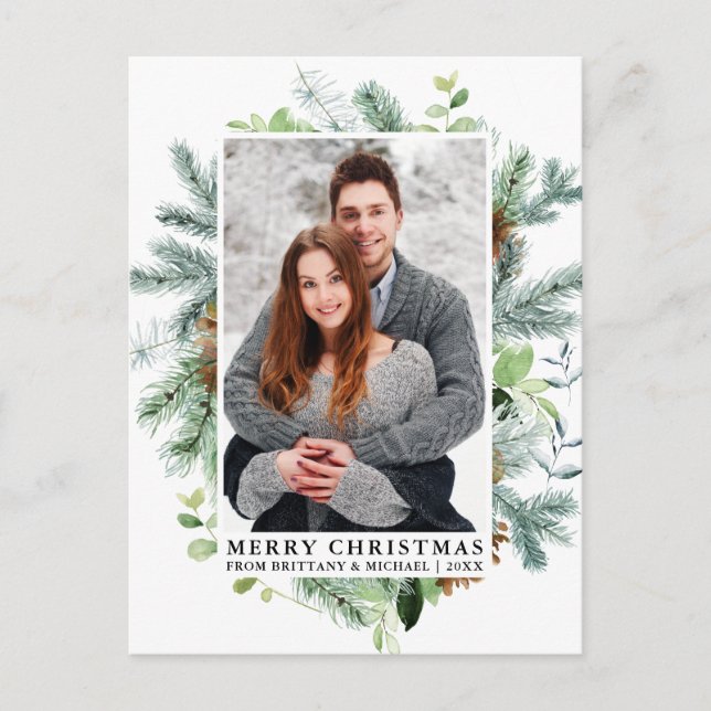 Elegant Watercolor Pine Frame Couple Christmas Postcard (Front)