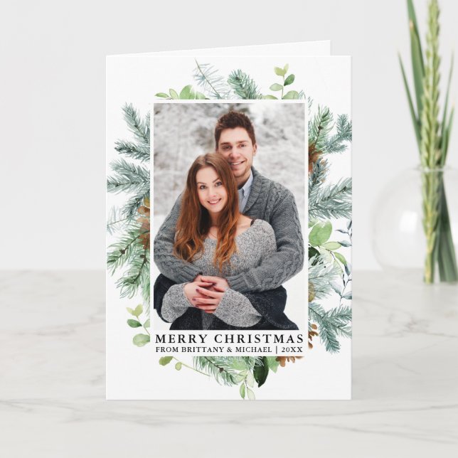 Elegant Watercolor Pine Frame Couple Photo Fold Holiday Card (Front)