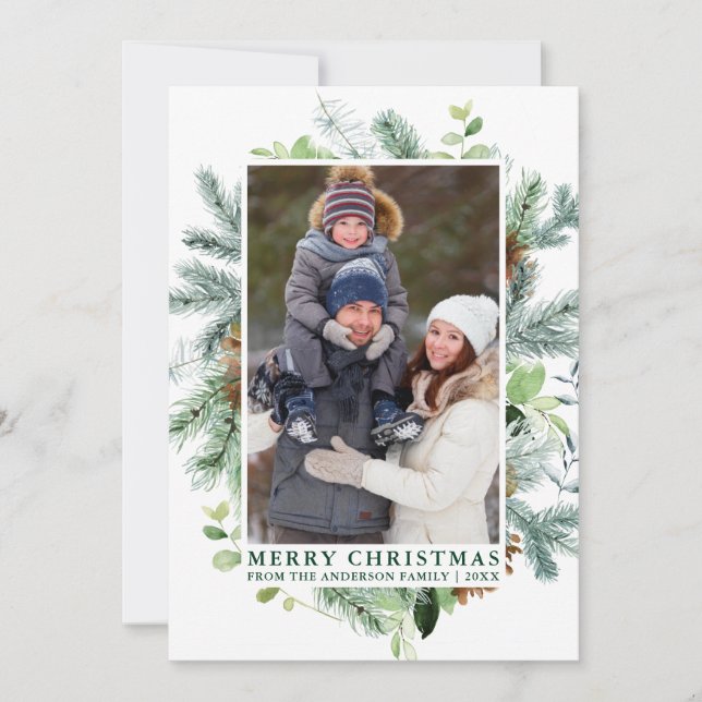 Elegant Watercolor Pine Frame Family Photo Green Holiday Card (Front)