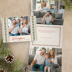 Elegant Watercolor Pine & Holly Border Photo Tri-Fold Holiday Card
