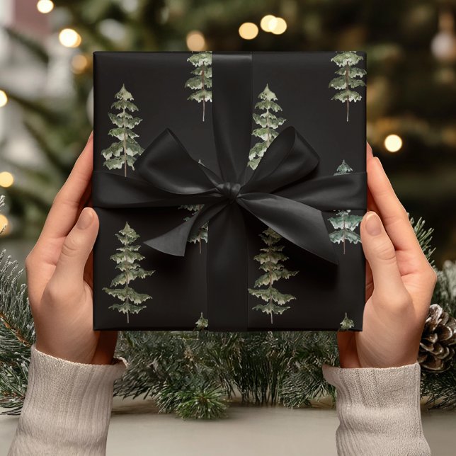 Elegant Watercolor Pine Tree Black  Wrapping Paper (Creator Uploaded)