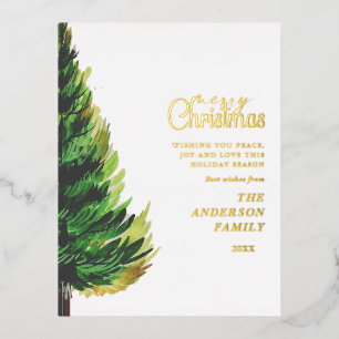 Elegant Watercolor Pine Tree Christmas Gold Foil Holiday Postcard