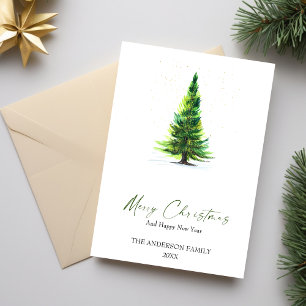 Elegant Watercolor Pine Tree Christmas Greeting Holiday Card