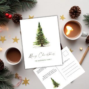 Elegant Watercolor Pine Tree Christmas Greeting Postcard