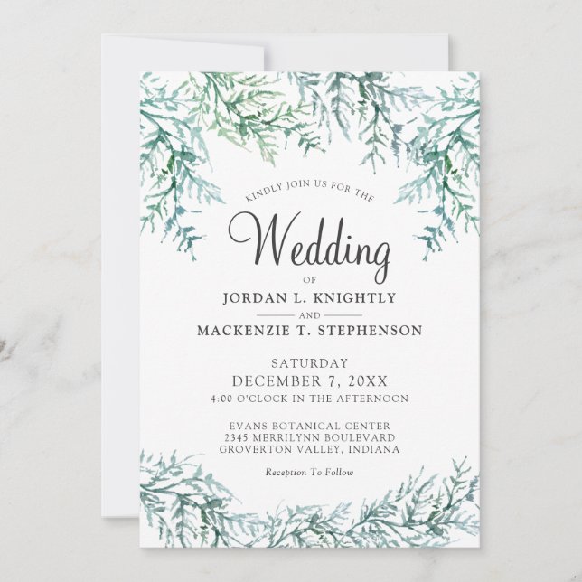 Elegant Watercolor Pine Wedding Invitation (Front)