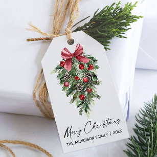 Elegant Watercolor Pines Calligraphy Ink Christmas Gift Tags