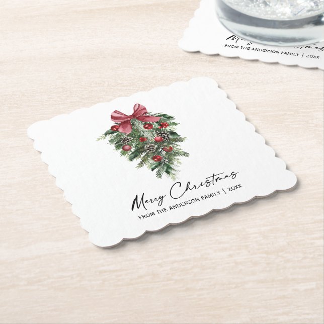 Elegant Watercolor Pines Calligraphy Ink Christmas Paper Coaster (Angled)