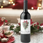 Elegant Watercolor Pines Calligraphy Ink Christmas Wine Label<br><div class="desc">Modern Elegant Calligraphy Ink Script Watercolor Pines Winter Greenery with Burgundy Red Ribbon Bow Christmas Ornaments,  Pine Cones and Holly Berries Merry Christmas Wine Bottle Label</div>