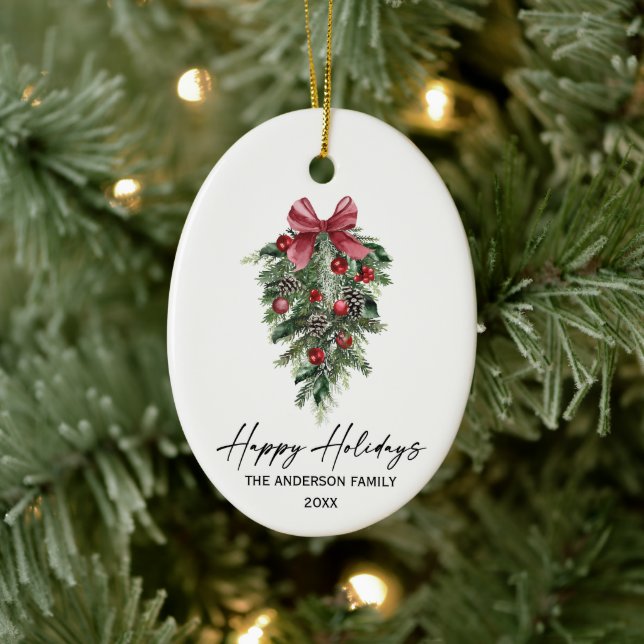 Elegant Watercolor Pines Calligraphy Ink Holiday Ceramic Ornament (Tree)