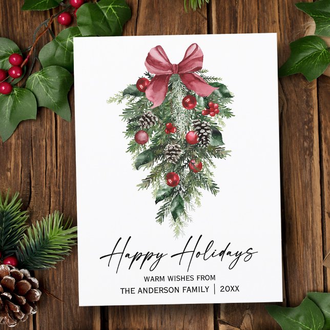 Elegant Watercolor Pines Calligraphy Ink Script Holiday Postcard (Customize to change your personalized text size or text style.)