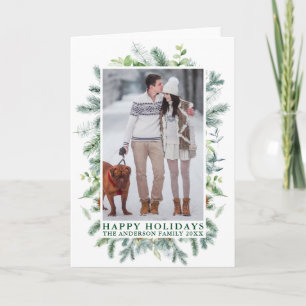 Elegant Watercolor Pines Frame Photo Green Folded Holiday Card