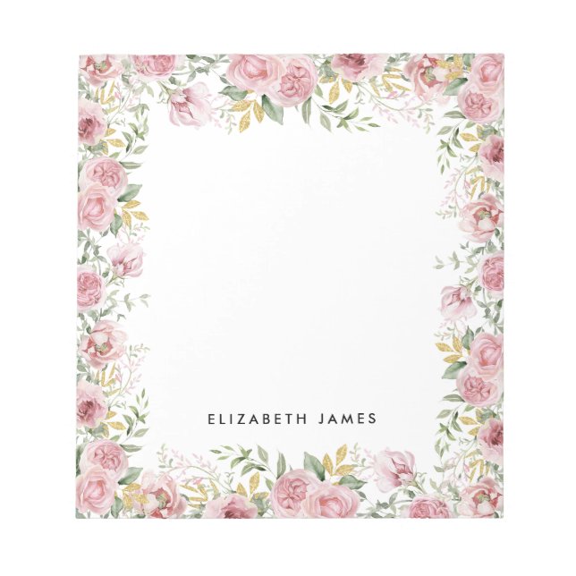 Elegant Watercolor Pink and Gold Peonies Wreath  Notepad (Front)