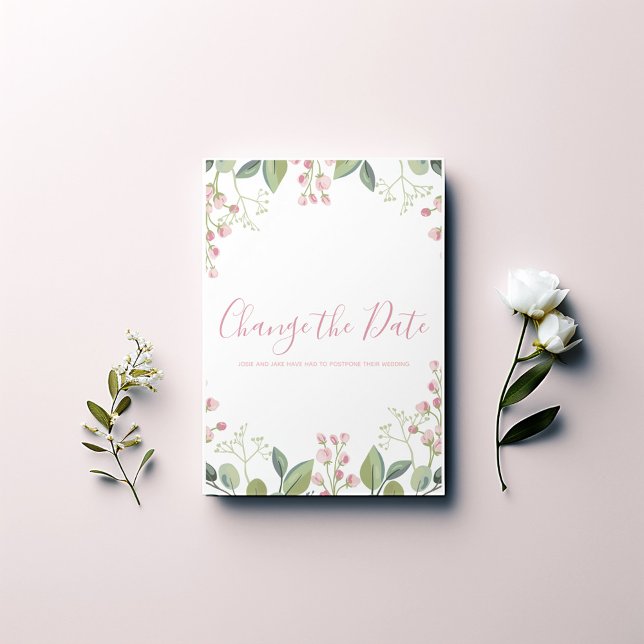 Elegant Watercolor Pink and Green Save The Date (Elegant watercolor "Change the Date" card. Featuring a beautiful pink and green flower border.)