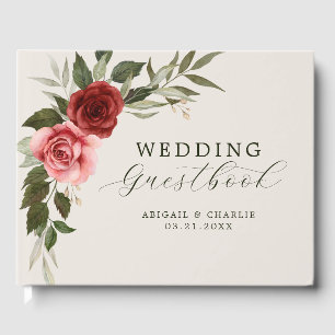Elegant Watercolor Pink and Red Roses Wedding Guest Book