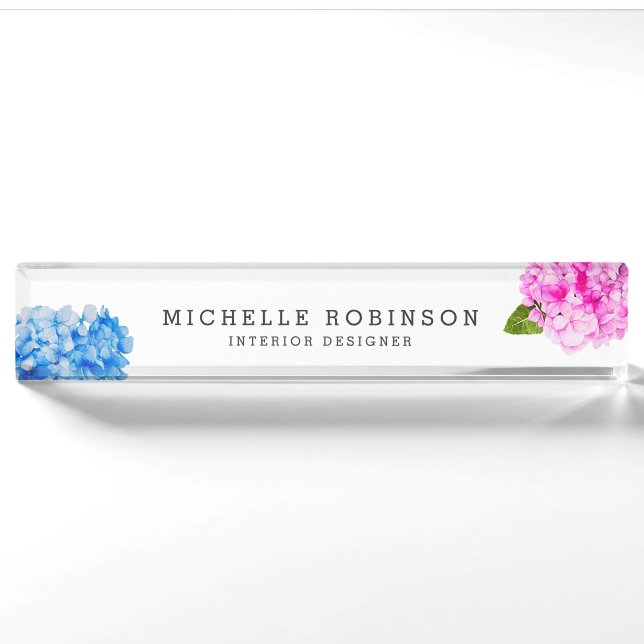 Elegant Watercolor Pink Blue Florals Nameplate (Front)