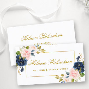 Elegant Watercolor Pink Blush Blue Floral Gold Business Card