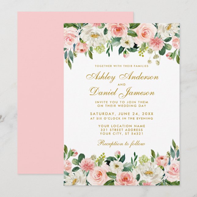 Elegant Watercolor Pink Blush Floral Wedding Invitation (Front/Back)