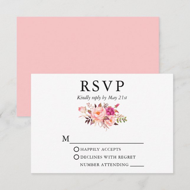 Elegant Watercolor Pink Blush Floral Wedding RSVP Card (Front/Back)