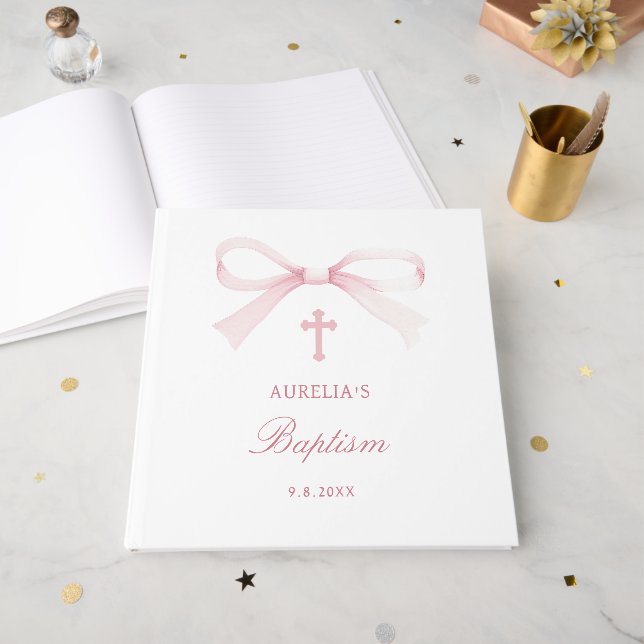 Elegant Watercolor Pink Bow Baptism Guest Book (Front Open)