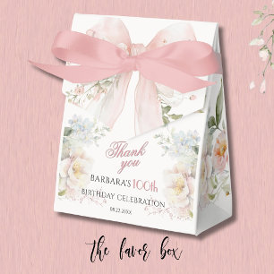 Elegant Watercolor Pink Bow Floral 100th Birthday Favor Box