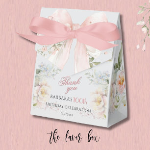 Elegant Watercolor Pink Bow Floral 100th Birthday Favor Box