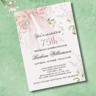 Elegant Watercolor Pink Bow Floral 75th Birthday Invitation