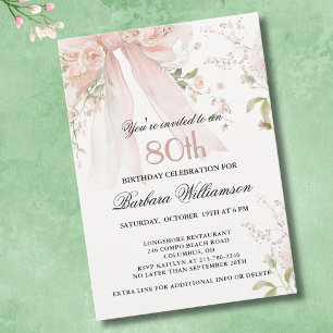 Elegant Watercolor Pink Bow Floral 80th Birthday  Invitation