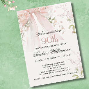 Elegant Watercolor Pink Bow Floral 90th Birthday Invitation
