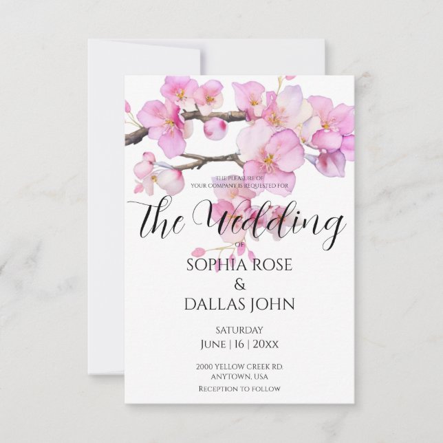 Elegant watercolor pink cherry blossoms Wedding Invitation (Front)