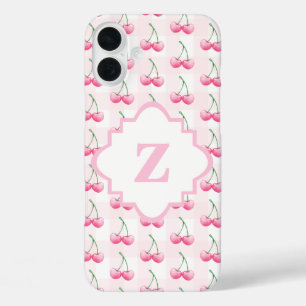 Elegant Watercolor Pink Cherry Monogram iPhone 16 Plus Case