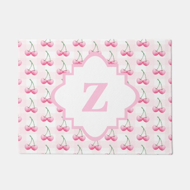 Elegant Watercolor Pink Cherry Monogram Doormat (Front)