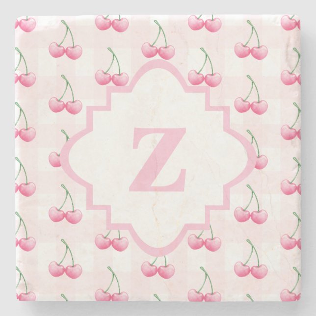 Elegant Watercolor Pink Cherry Monogram Stone Coaster (Front)