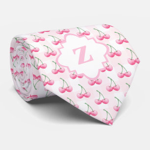 Elegant Watercolor Pink Cherry Monogram Tie