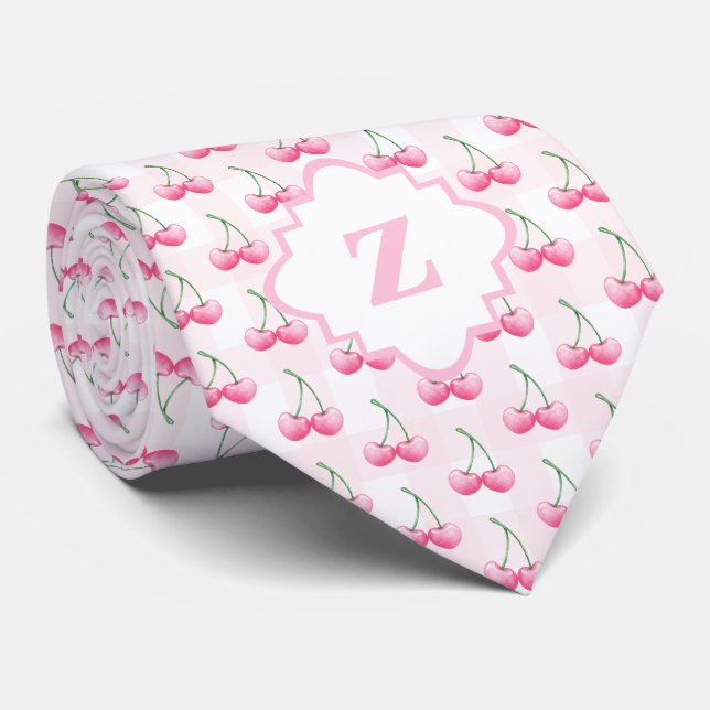 Elegant Watercolor Pink Cherry Monogram Tie (Rolled)