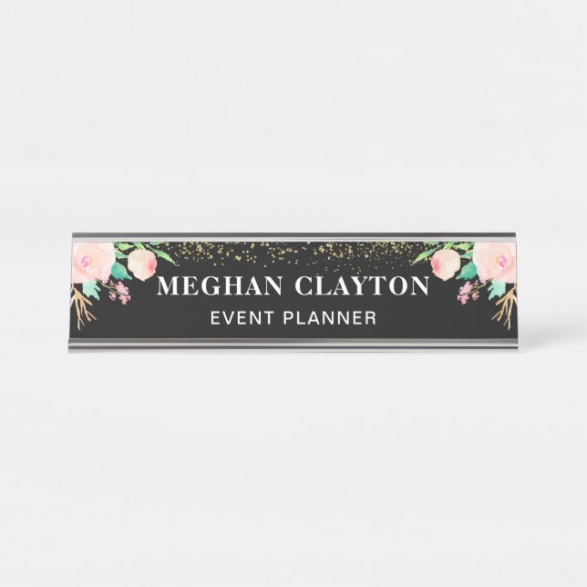 Elegant Watercolor Pink Floral Black Desk Name Plate (Front)