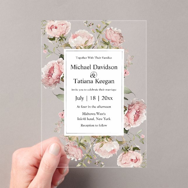 elegant watercolor pink floral bloom wedding  acrylic invitations (Insitu (Handheld))