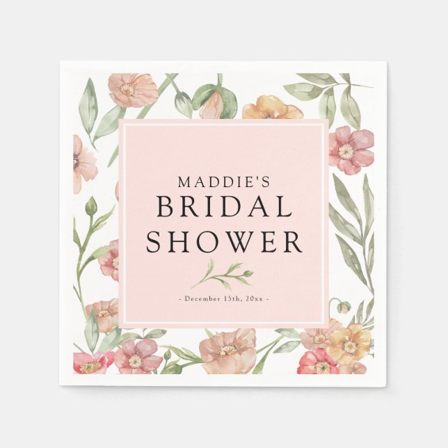 Elegant Watercolor Pink Floral Bridal Shower  Napkin (Front)