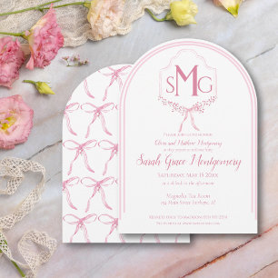 Elegant Watercolor Pink Floral Crest with Bows Invitation