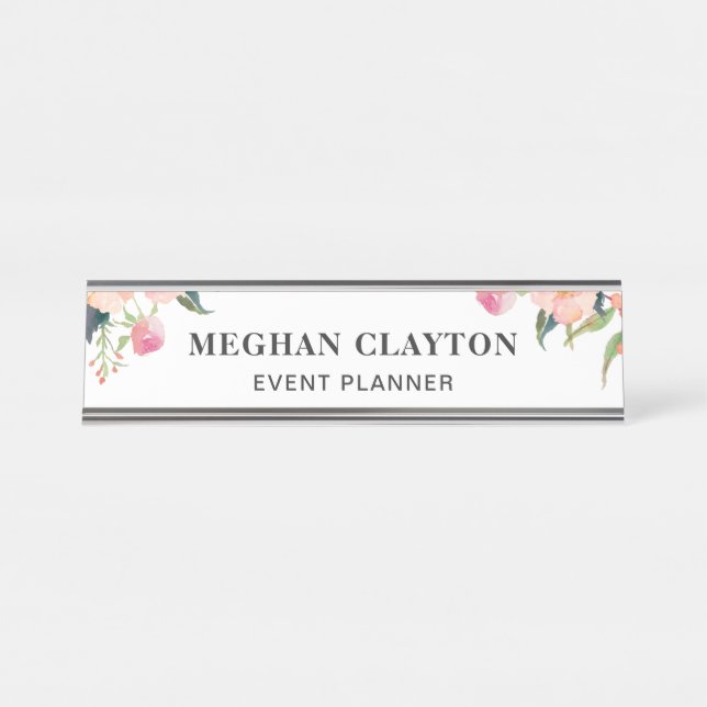 Elegant Watercolor Pink Floral Desk Name Plate (Front)