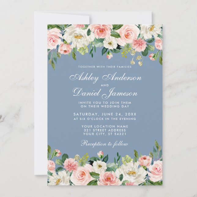 Elegant Watercolor Pink Floral Dusty Blue Wedding Invitation (Front)