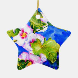 Elegant watercolor pink floral flowers Hollyhocks Ceramic Ornament