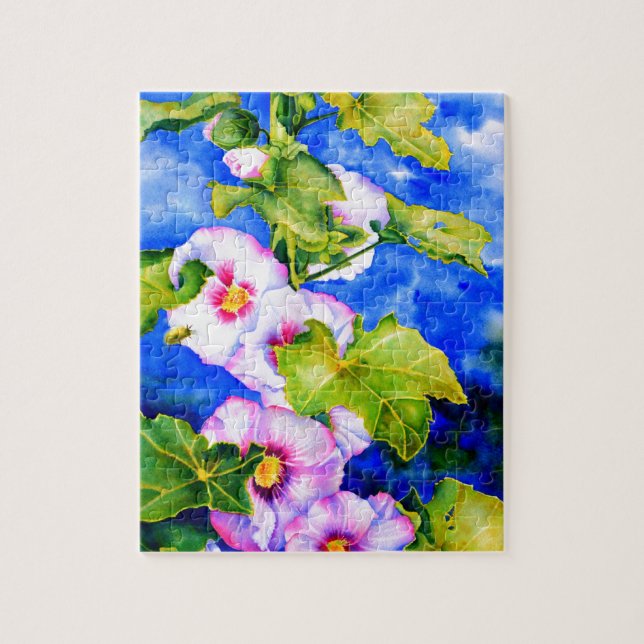 Elegant watercolor pink floral flowers Hollyhocks Jigsaw Puzzle (Vertical)