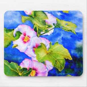 Elegant watercolor pink floral flowers Hollyhocks Mouse Pad