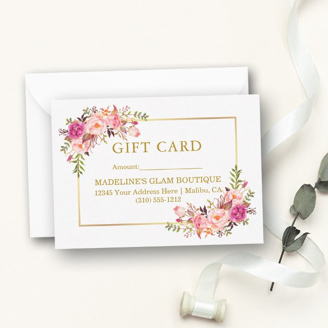 Elegant Watercolor Pink Floral Gold Gift Card (Customize to change text size, style, color or to add text to back of card.)