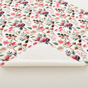 Elegant Watercolor Pink Floral Greenery Pattern Sherpa Blanket
