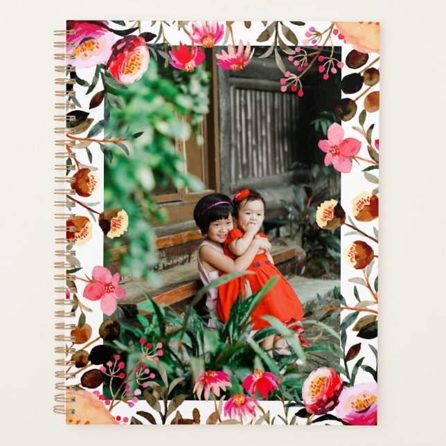 Elegant Watercolor Pink Floral Greenery Photo  Planner (Front)