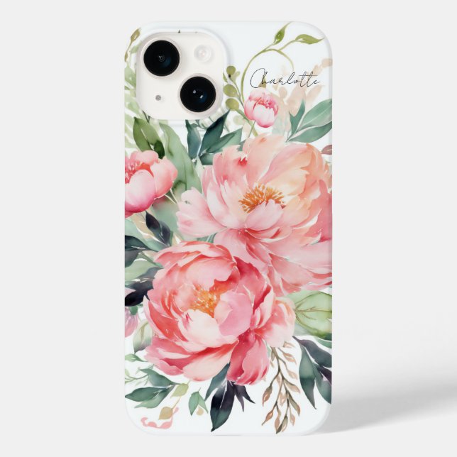 Elegant Watercolor Pink Floral Personalized Name Case-Mate iPhone Case (Back)
