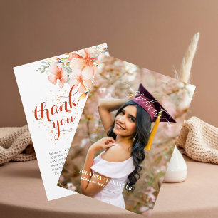 Elegant Watercolor Pink Floral Photo Graduation Thank You Card