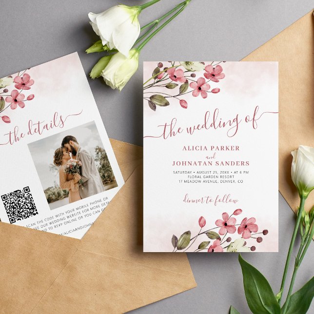 Elegant watercolor pink floral QR code wedding Invitation (Creator Uploaded)