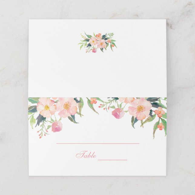 Elegant Watercolor Pink Floral Wedding Place Card (Outside Unfolded)